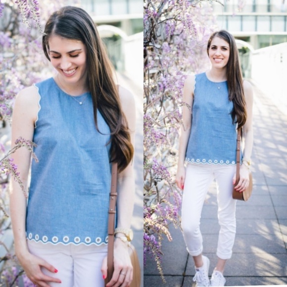 J. CREW Top Sleeveless Scallop Bohemian Summer Grommet Denim Blue Size 2 - Picture 11 of 16